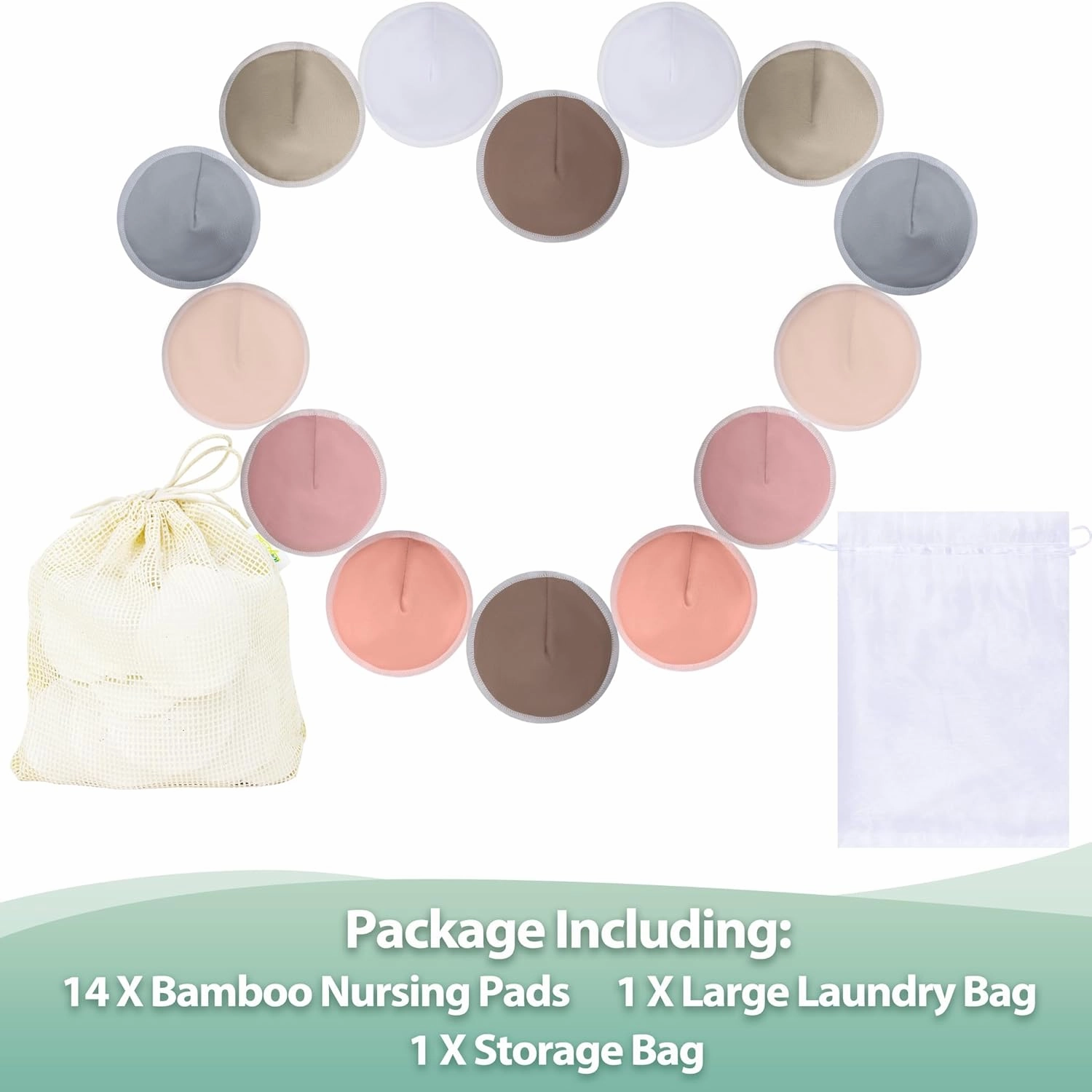 wegreeco Nursing Breast Pads (14 Pack)   Laundry Bag & Travel Storage Bag, 4.7 inch - Washable & Reusable Breastfeeding Nursing Pads (Mild, Large, Contoured Shape)