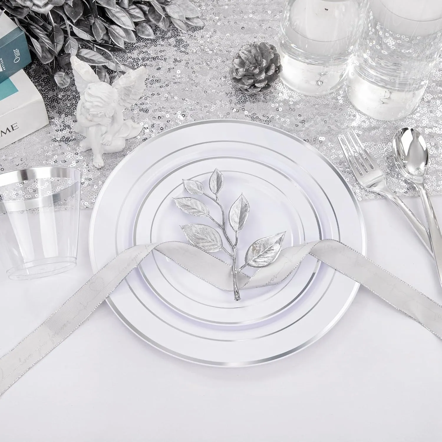 WELLIFE 300Pcs Silver Elegant Plastic Dinnerware Set for 50 Guests - Premium Disposable Party Supplies Includes Dinner Plates, Salad Plates, Cups & Flatware Set for Wedding, Anniversary, Banquet