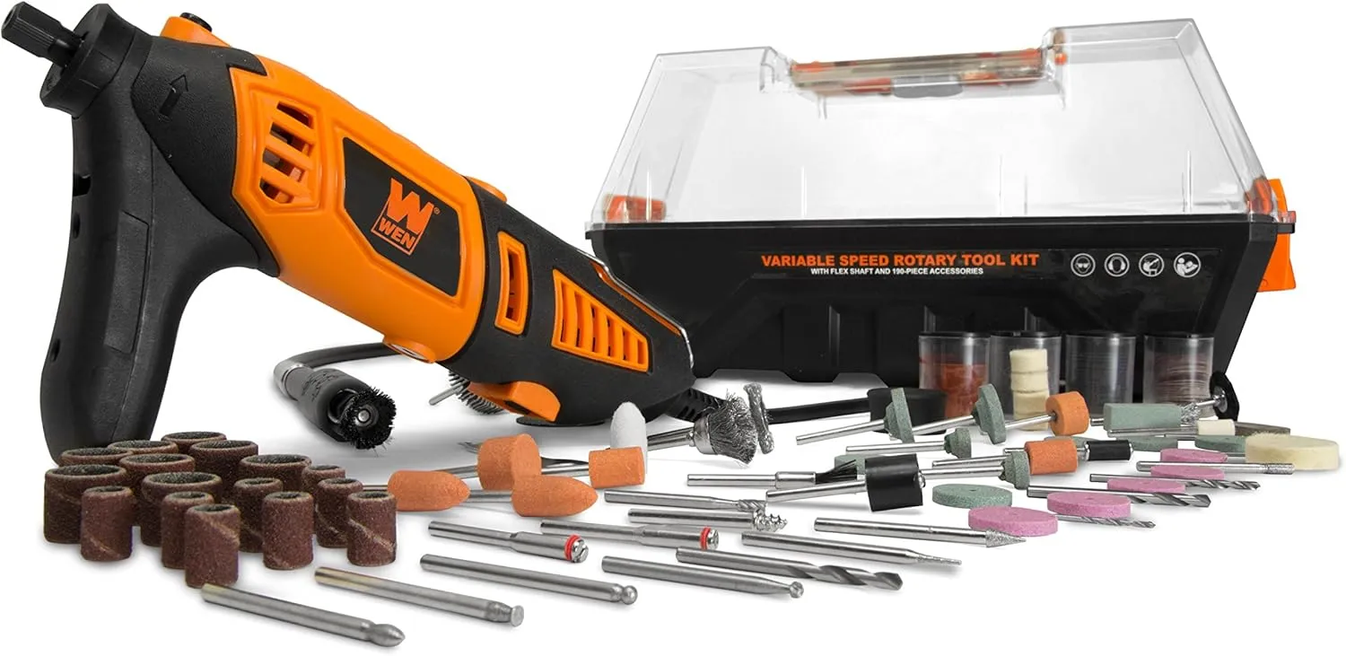 WEN 23190 1.3-Amp Variable Speed Steady-Grip Rotary Tool with 190-Piece Accessory Kit, Flex Shaft, and Carrying Case, Multicolor