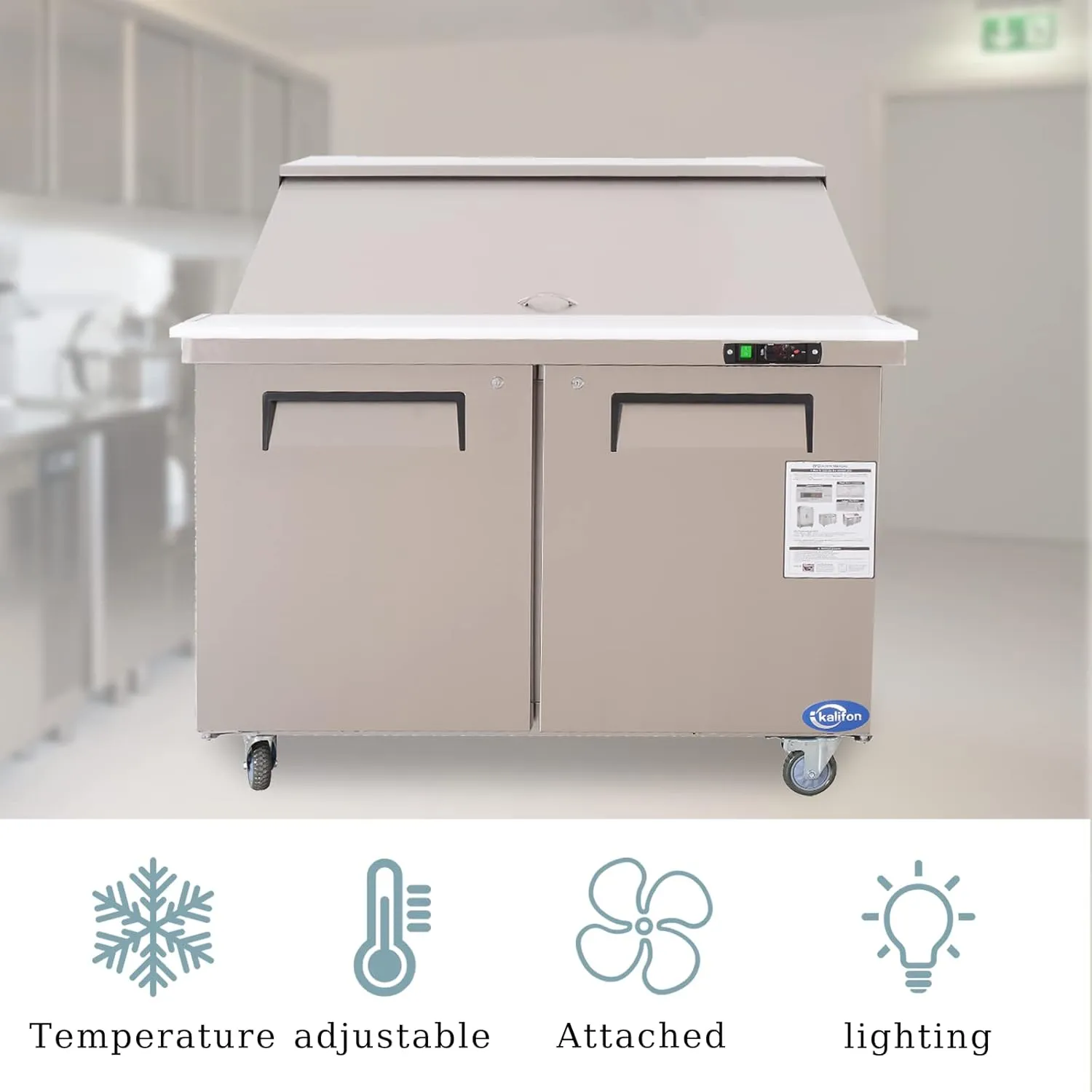 WESTLAKE 48" W 2 Door Refrigerator Sandwich & Salad Prep Table Commercial Mega Top Refrigerator Stainless Steel Counter Fan Cooling with 18 pans-48 Large Capacity Inches for Restaurant