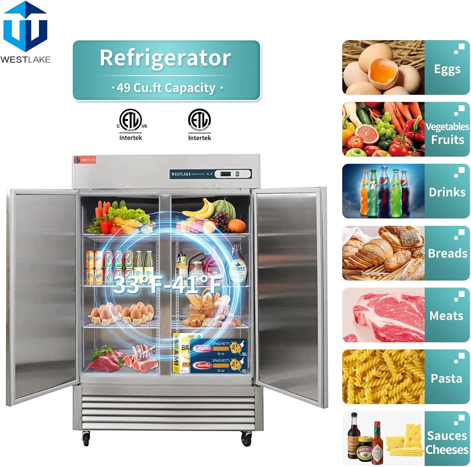 WESTLAKE 54" W Commercial Refrigerator 2 door 2 Section Stainless Steel Reach in Solid door Upright Fan Cooling 49 Cu.ft Cooler for Restuarant, Bar, Shop, etc