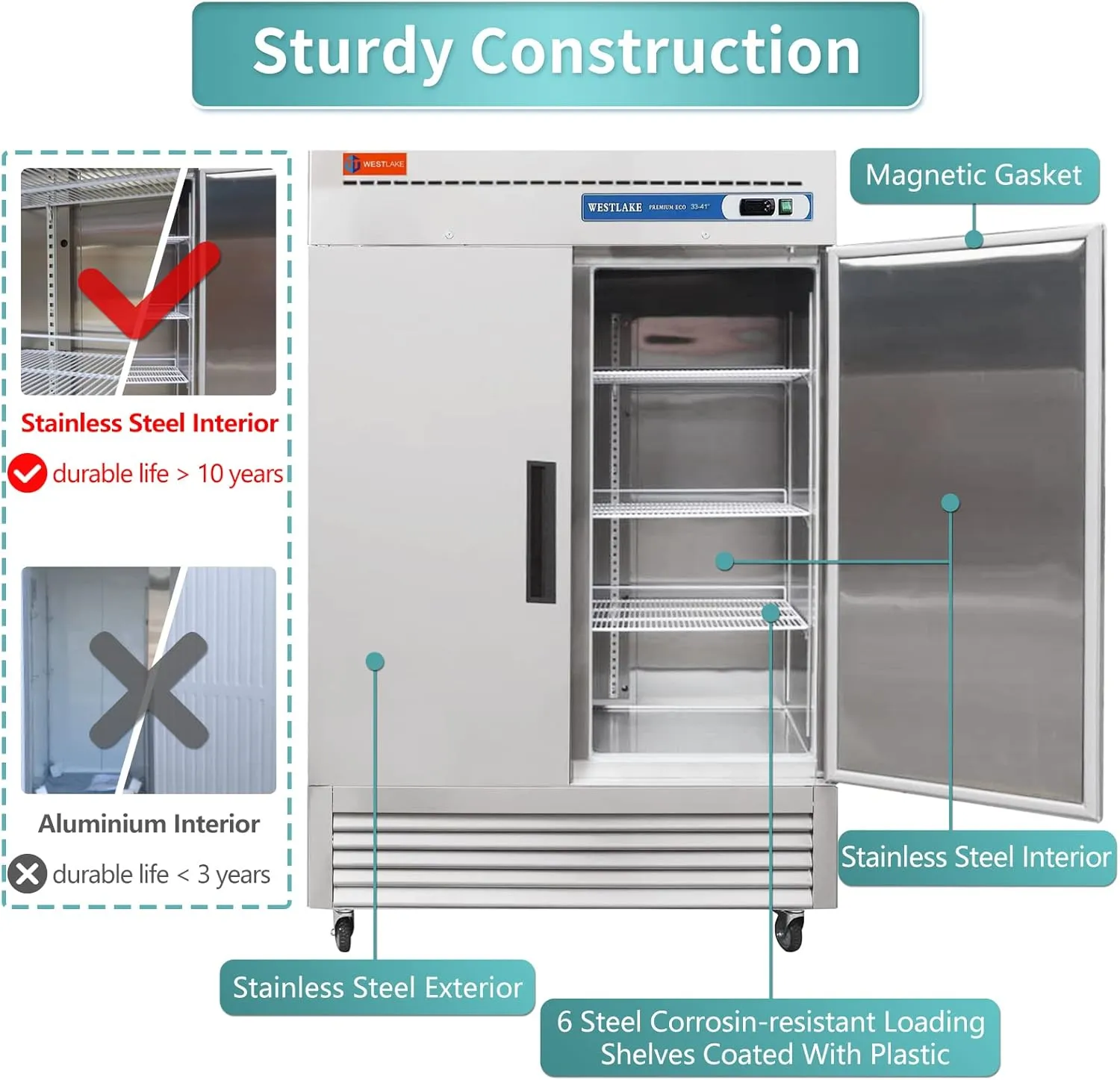 WESTLAKE 54" W Commercial Refrigerator 2 door 2 Section Stainless Steel Reach in Solid door Upright Fan Cooling 49 Cu.ft Cooler for Restuarant, Bar, Shop, etc
