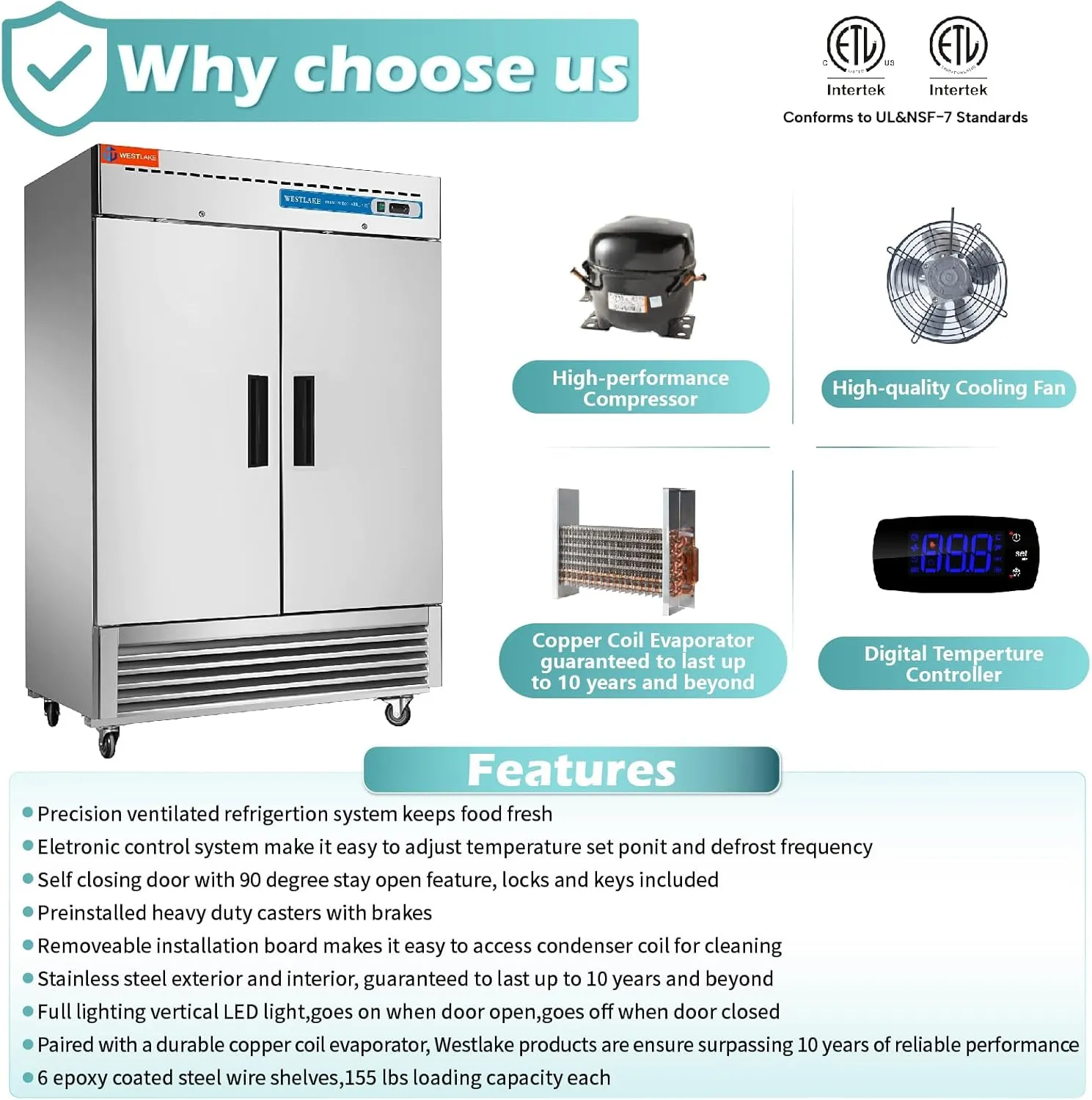 WESTLAKE 54" W Commercial Refrigerator 2 door 2 Section Stainless Steel Reach in Solid door Upright Fan Cooling 49 Cu.ft Cooler for Restuarant, Bar, Shop, etc