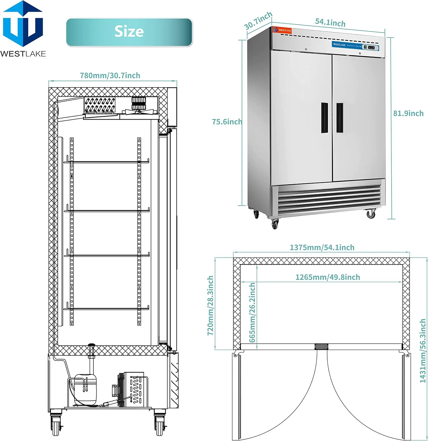WESTLAKE 54" W Commercial Refrigerator 2 door 2 Section Stainless Steel Reach in Solid door Upright Fan Cooling 49 Cu.ft Cooler for Restuarant, Bar, Shop, etc