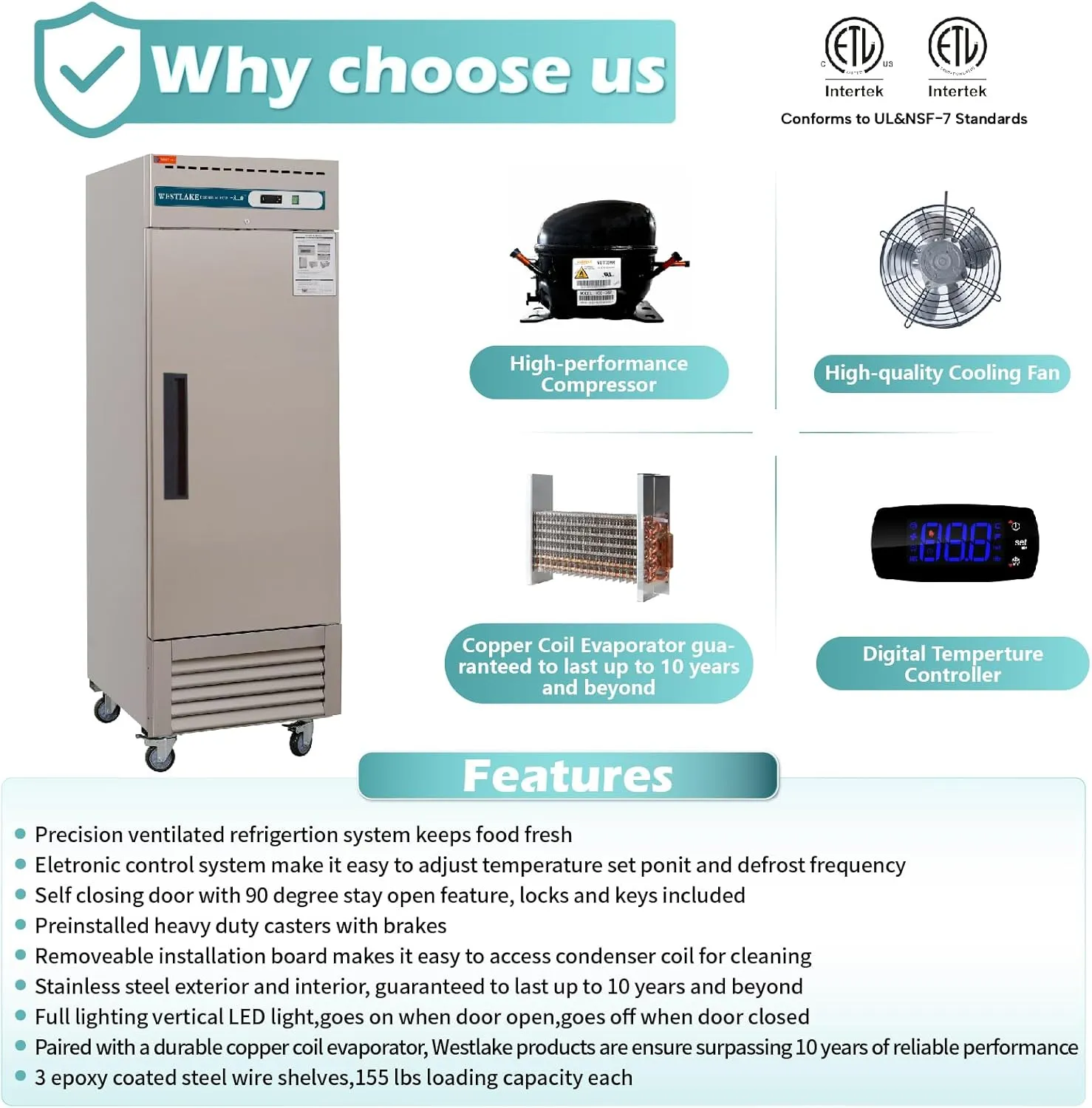 WESTLAKE Commercial Freezer 27"W Stainless Steel Reach-in Solid Single Door Upright Fan Cooling 23 Cu.ft Freezer for Restaurant, Bar, Shop, etc