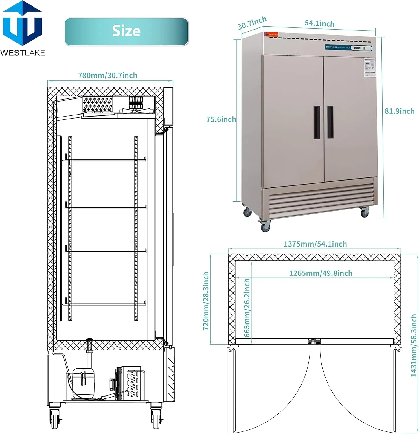 WESTLAKE Commercial Freezer 54"W 2 Door 2 Section Stainless Steel Reach-in Solid Door Upright Fan Cooling 49 Cu.ft Freezer for Restaurant, Bar, Shop, etc