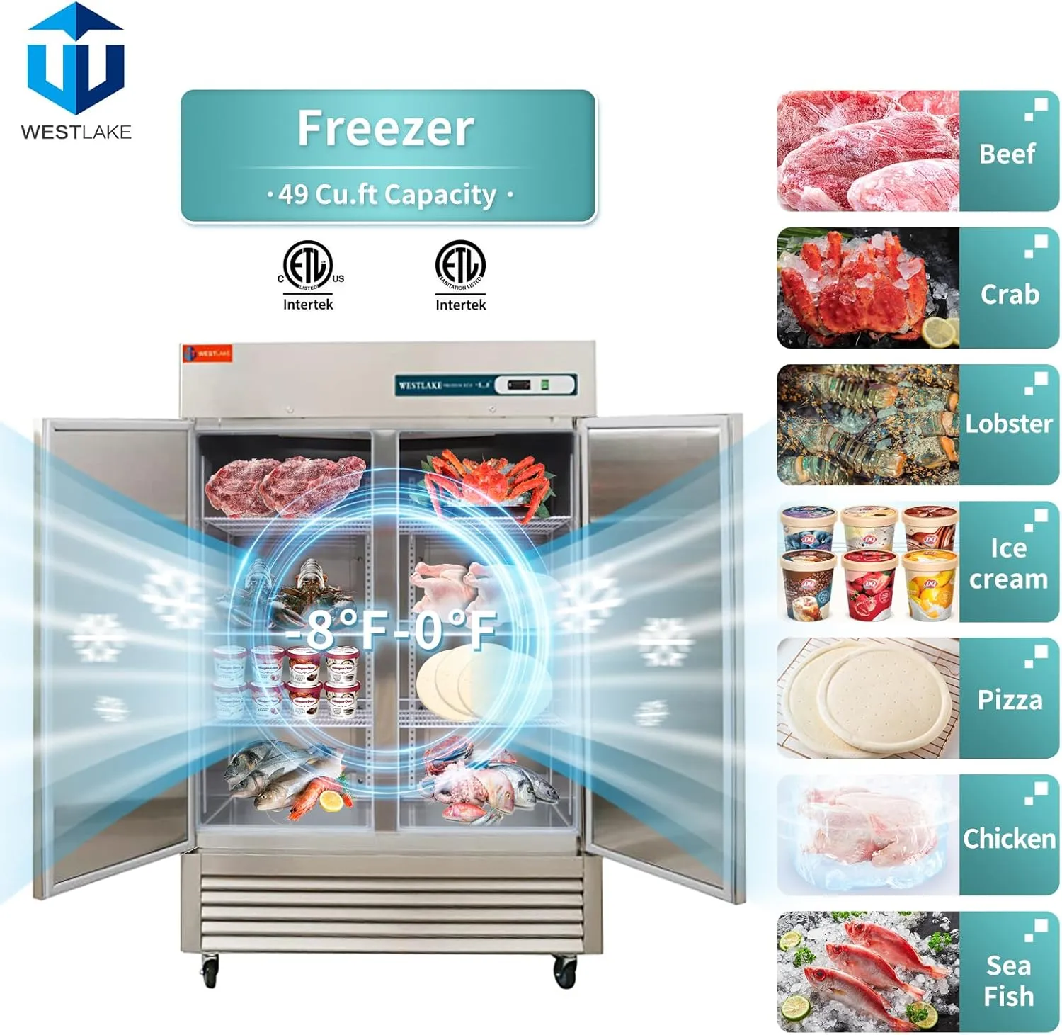 WESTLAKE Commercial Freezer 54"W 2 Door 2 Section Stainless Steel Reach-in Solid Door Upright Fan Cooling 49 Cu.ft Freezer for Restaurant, Bar, Shop, etc