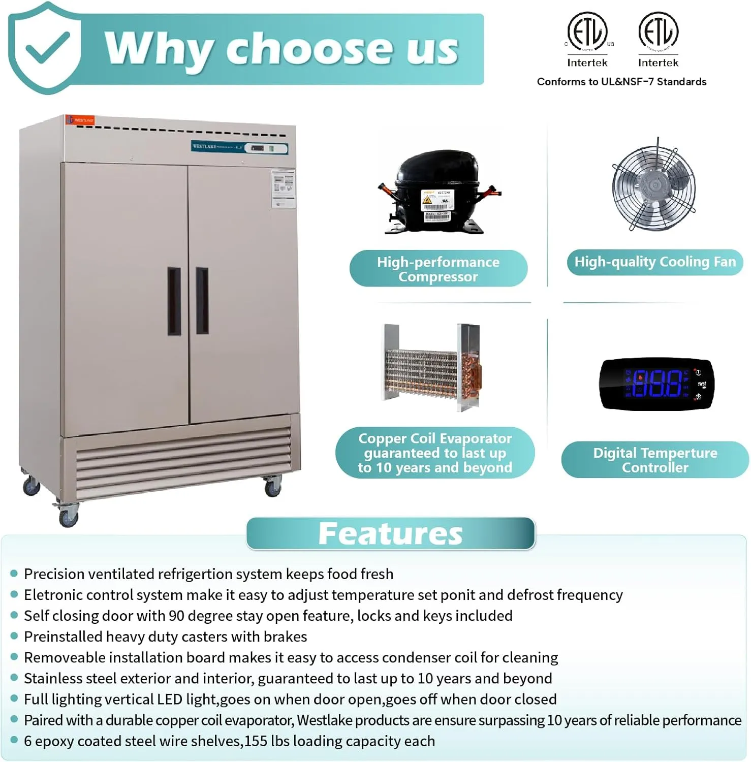 WESTLAKE Commercial Freezer 54"W 2 Door 2 Section Stainless Steel Reach-in Solid Door Upright Fan Cooling 49 Cu.ft Freezer for Restaurant, Bar, Shop, etc