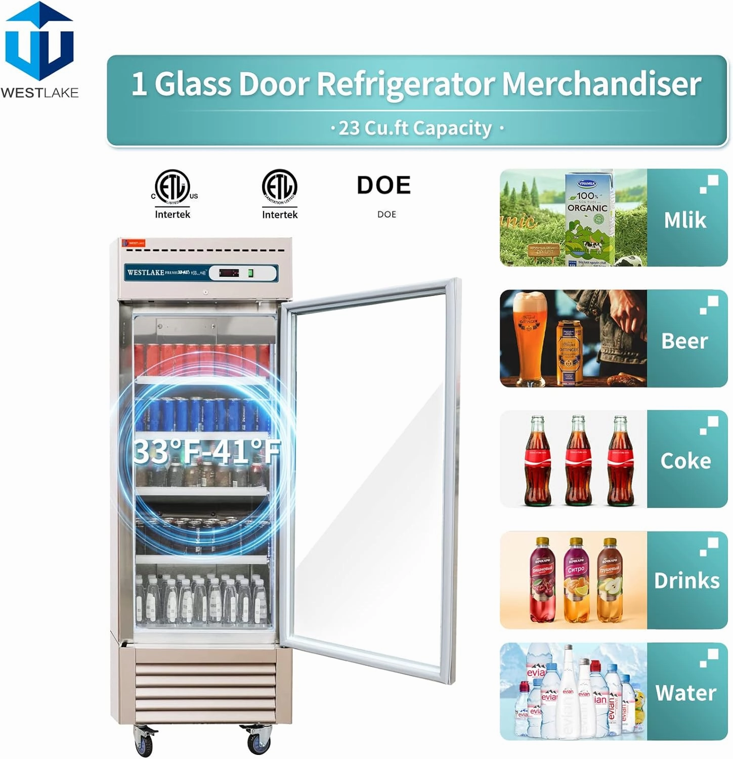 WESTLAKE 27" W Commercial Display Refrigerator Glass door Merchandiser Stainless Steel Reach-in Upriht Fan Cooling 23 Cu.ft Cooler for Restaurant, Bar, Shop, etc