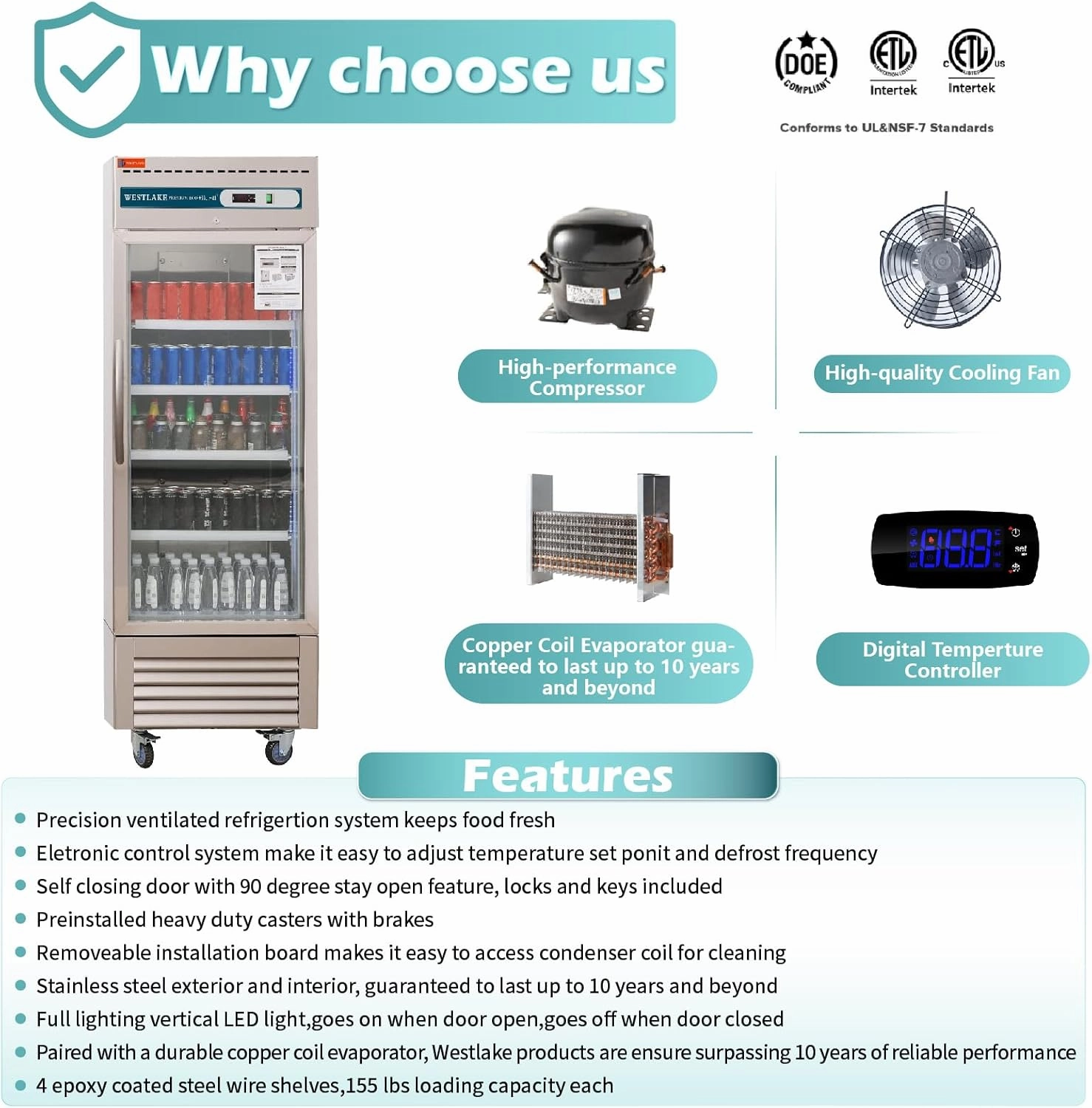 WESTLAKE 27" W Commercial Display Refrigerator Glass door Merchandiser Stainless Steel Reach-in Upriht Fan Cooling 23 Cu.ft Cooler for Restaurant, Bar, Shop, etc
