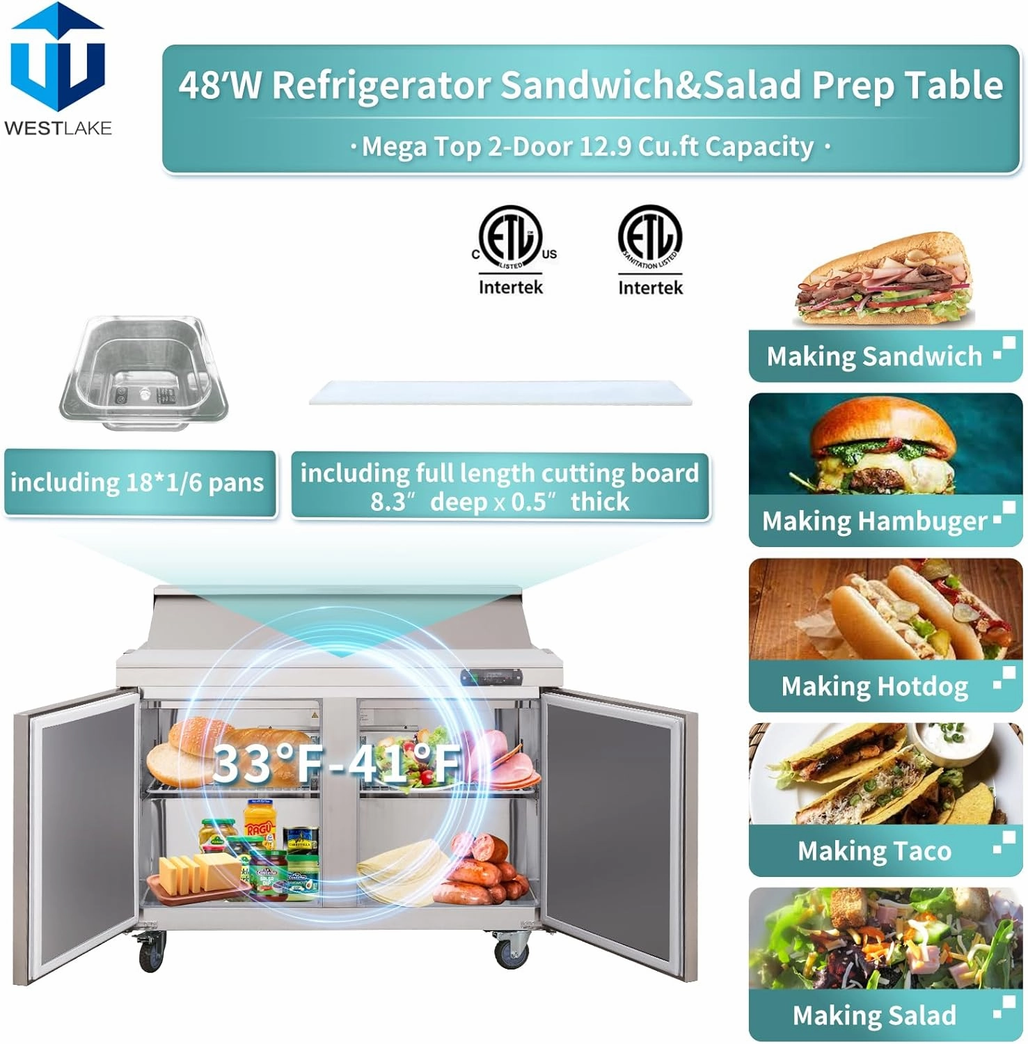 WESTLAKE 48" W 2 Door Refrigerator Sandwich & Salad Prep Table Commercial Mega Top Refrigerator Stainless Steel Counter Fan Cooling with 18 pans-48 Large Capacity Inches for Restaurant