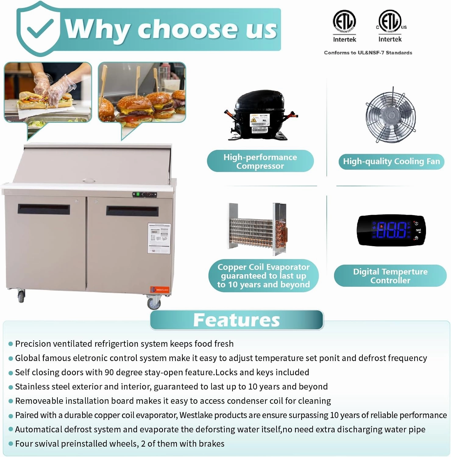 WESTLAKE 48" W 2 Door Refrigerator Sandwich & Salad Prep Table Commercial Mega Top Refrigerator Stainless Steel Counter Fan Cooling with 18 pans-48 Large Capacity Inches for Restaurant