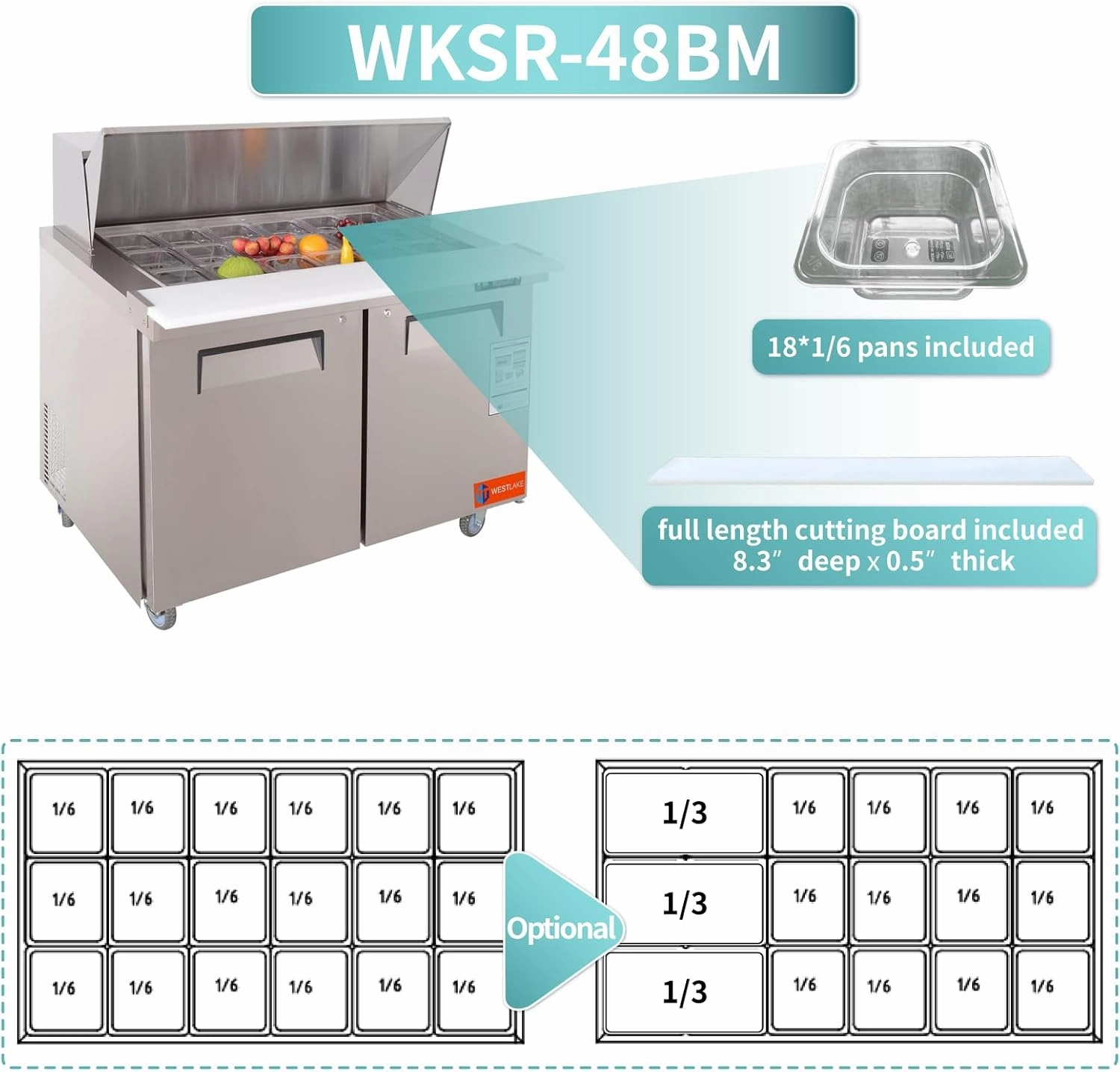 WESTLAKE 48" W 2 Door Refrigerator Sandwich & Salad Prep Table Commercial Mega Top Refrigerator Stainless Steel Counter Fan Cooling with 18 pans-48 Large Capacity Inches for Restaurant