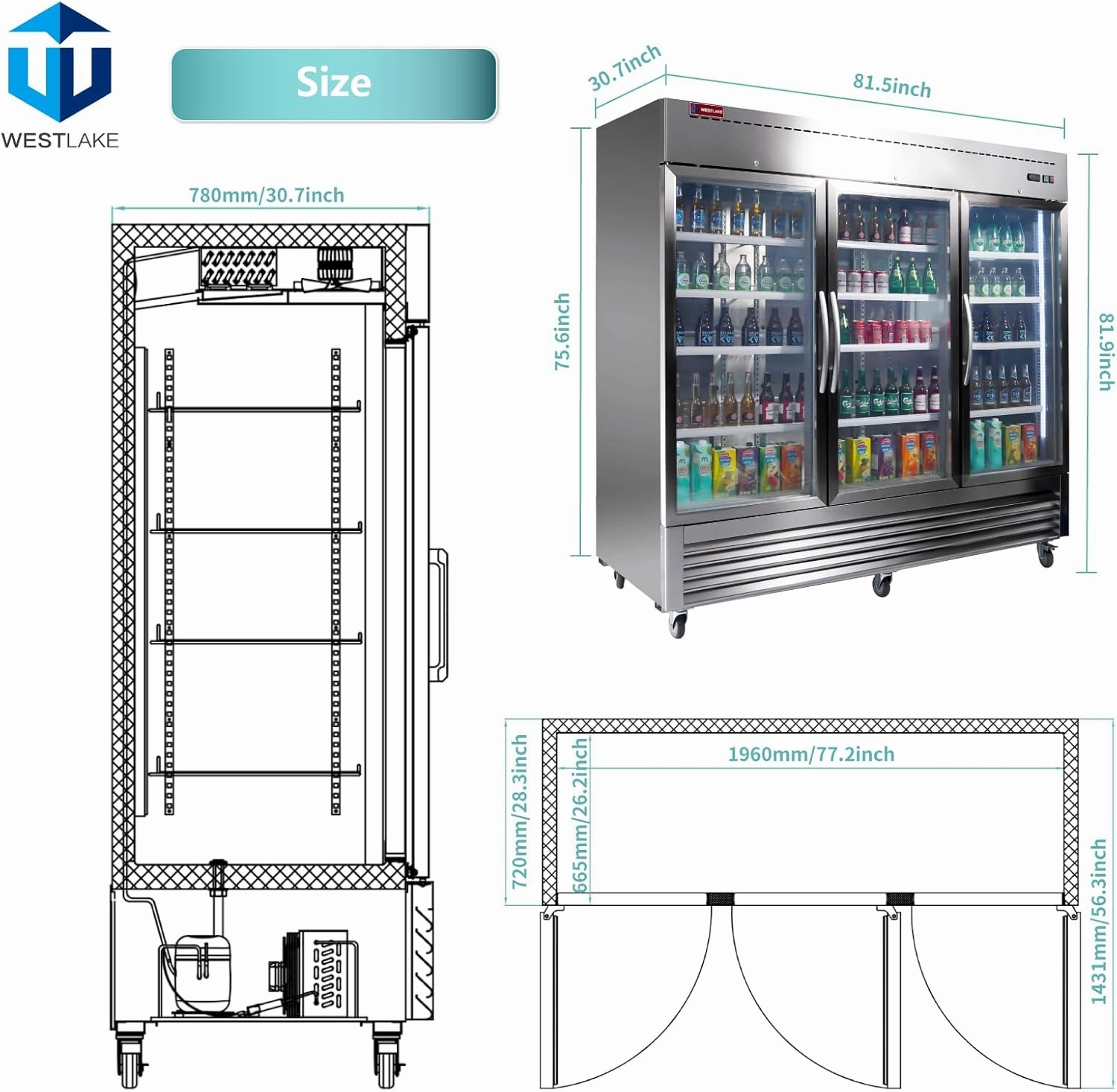 WESTLAKE 82" W Commercial Display 3 Glass Door Refrigerator Merchandiser 3 Section Stainless Steel Reach-in Glass Door Upright Fan Cooling 72 Cu.ft Cooler for Restaurant, Bar, Shop, etc