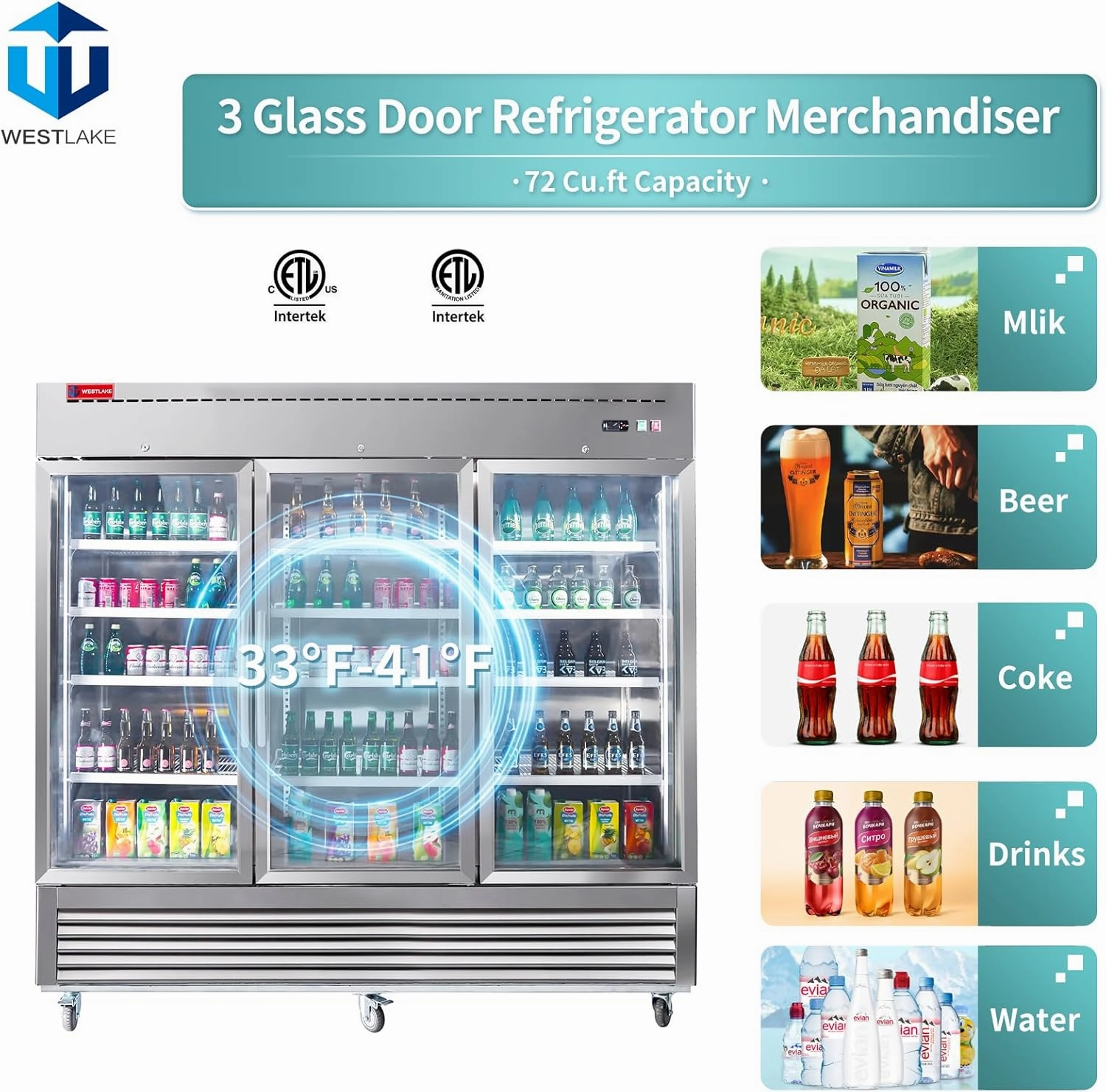 WESTLAKE 82" W Commercial Display 3 Glass Door Refrigerator Merchandiser 3 Section Stainless Steel Reach-in Glass Door Upright Fan Cooling 72 Cu.ft Cooler for Restaurant, Bar, Shop, etc