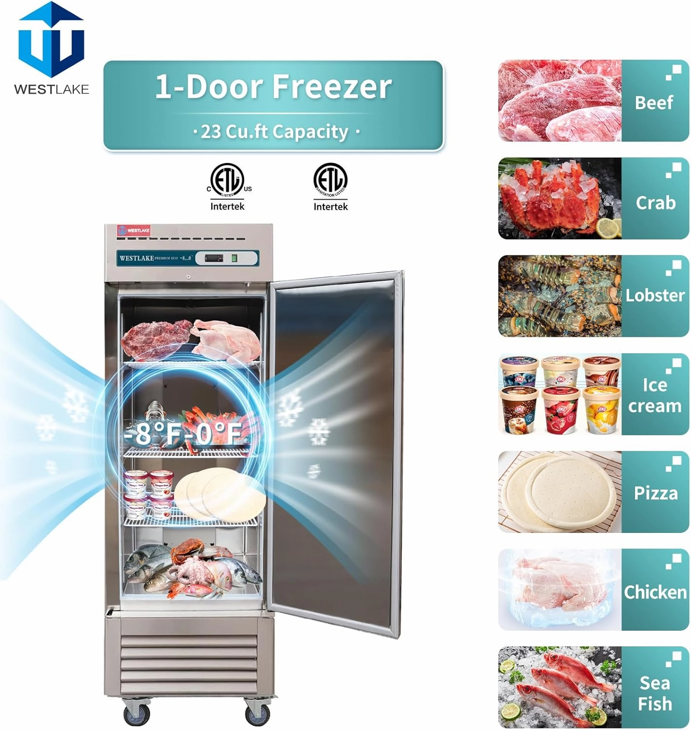 WESTLAKE Commercial Freezer 27"W Stainless Steel Reach-in Solid Single Door Upright Fan Cooling 23 Cu.ft Freezer for Restaurant, Bar, Shop, etc