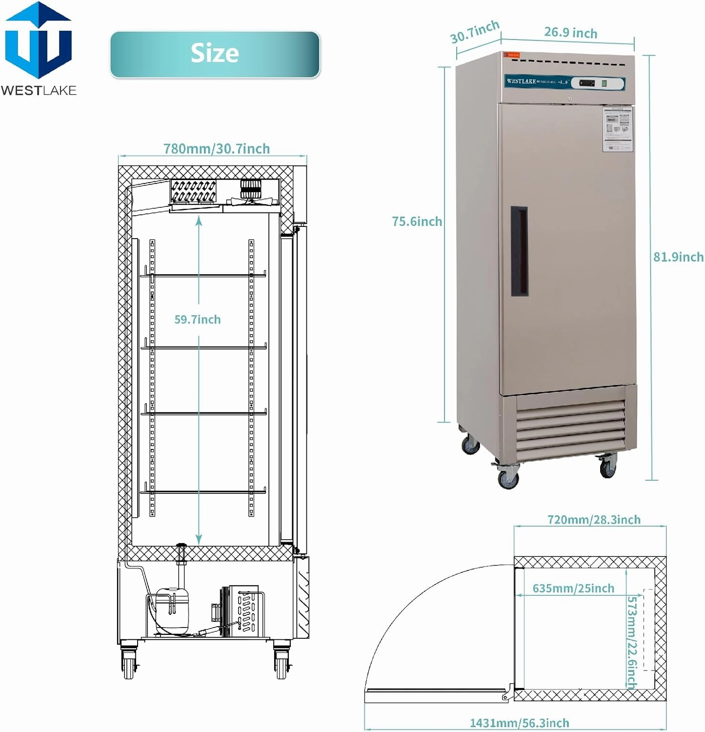 WESTLAKE Commercial Freezer 27"W Stainless Steel Reach-in Solid Single Door Upright Fan Cooling 23 Cu.ft Freezer for Restaurant, Bar, Shop, etc