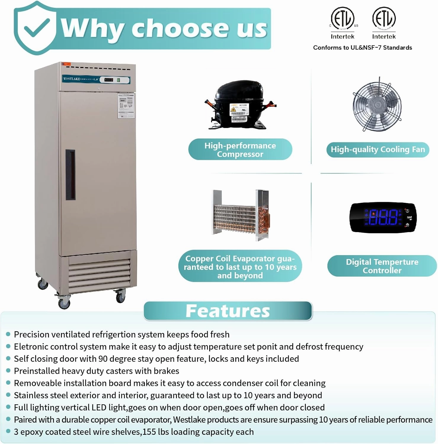 WESTLAKE Commercial Freezer 27"W Stainless Steel Reach-in Solid Single Door Upright Fan Cooling 23 Cu.ft Freezer for Restaurant, Bar, Shop, etc