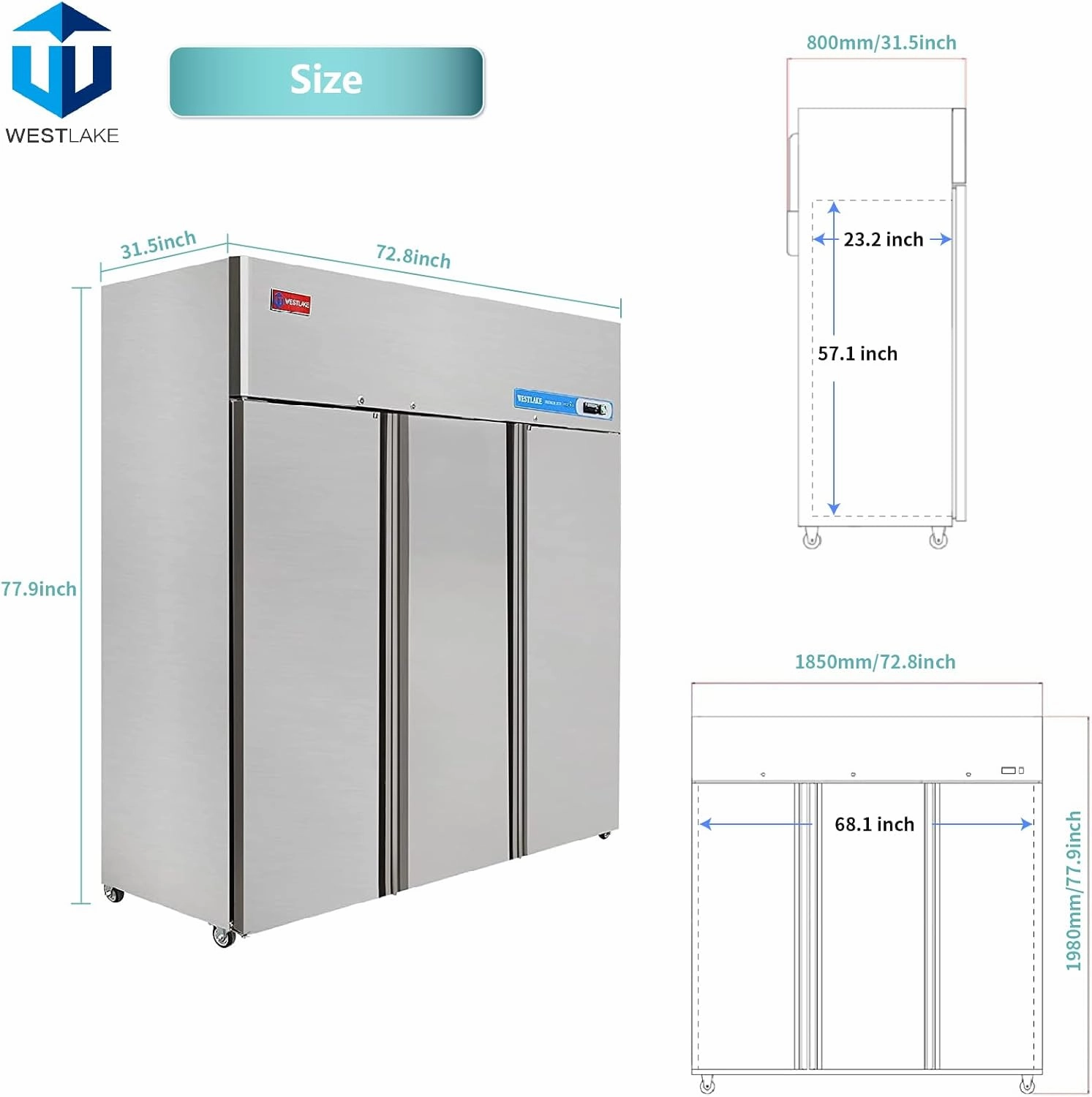 WESTLAKE Commercial Freezer 72"W 3 Door 3 Section Stainless Steel Reach-in Fan Cooling 54 Cu.ft Freezer for Restaurant, Bar, Shop, etc