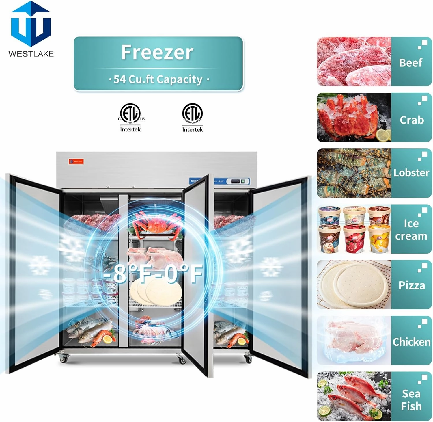 WESTLAKE Commercial Freezer 72"W 3 Door 3 Section Stainless Steel Reach-in Fan Cooling 54 Cu.ft Freezer for Restaurant, Bar, Shop, etc