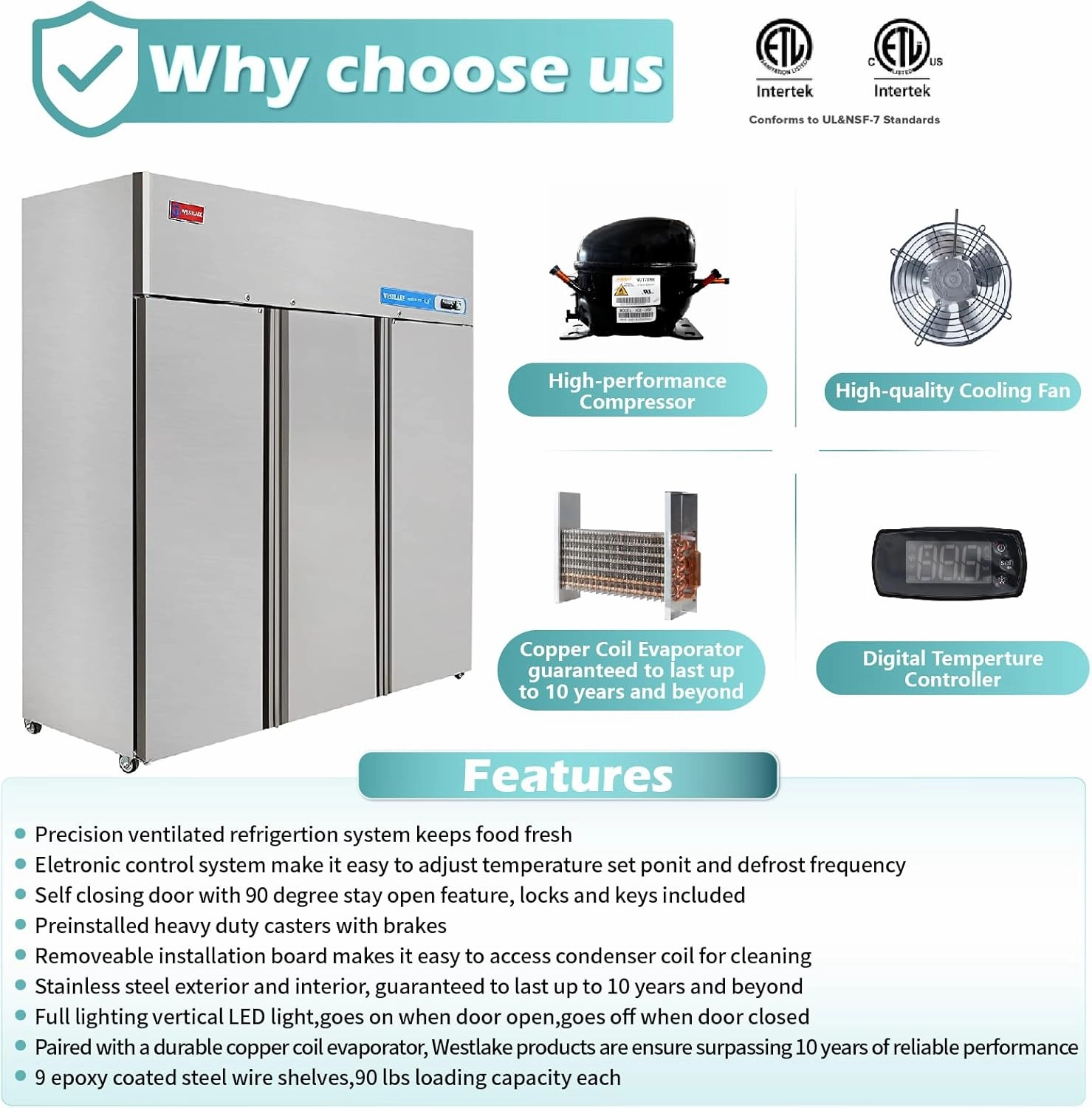WESTLAKE Commercial Freezer 72"W 3 Door 3 Section Stainless Steel Reach-in Fan Cooling 54 Cu.ft Freezer for Restaurant, Bar, Shop, etc