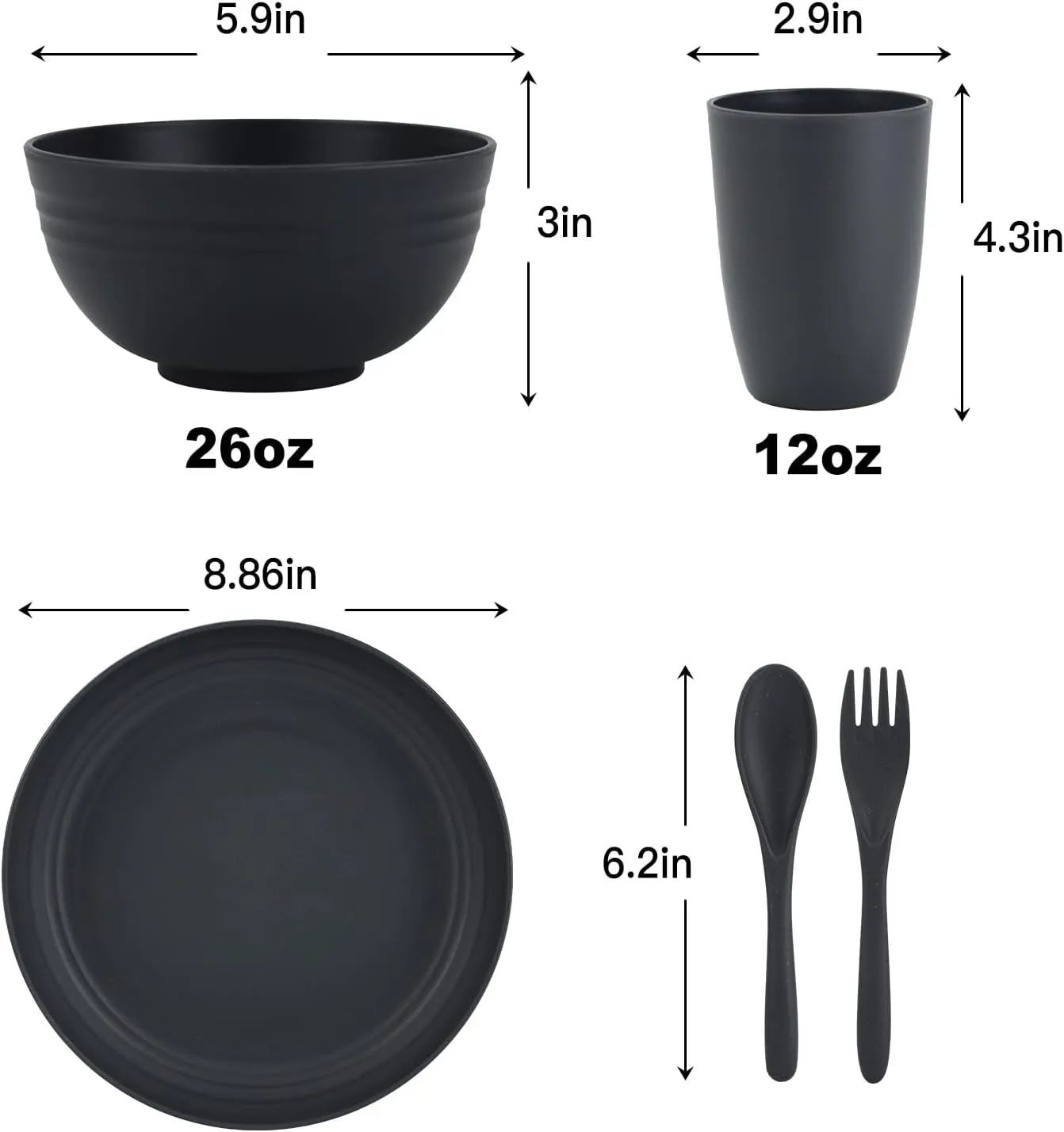 Wheat Straw Dishes Set for 4,Microwave Safe Plates and Bowls Sets, Unbreakable and Ruseable Plastic Dinnerware Sets for Kitchen,Camping,Dorm,Dessert Plates, Water Cups,Serving Bowls（Black,20 PCS）
