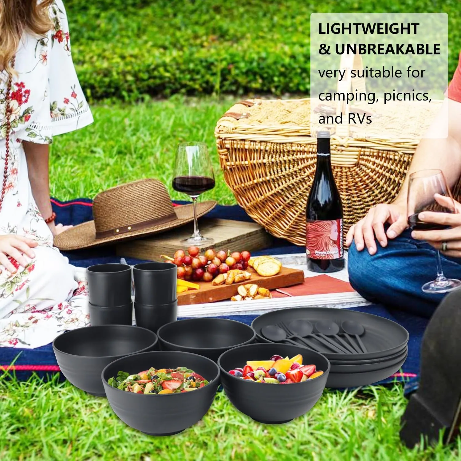 Wheat Straw Dishes Set for 4,Microwave Safe Plates and Bowls Sets, Unbreakable and Ruseable Plastic Dinnerware Sets for Kitchen,Camping,Dorm,Dessert Plates, Water Cups,Serving Bowls（Black,20 PCS）