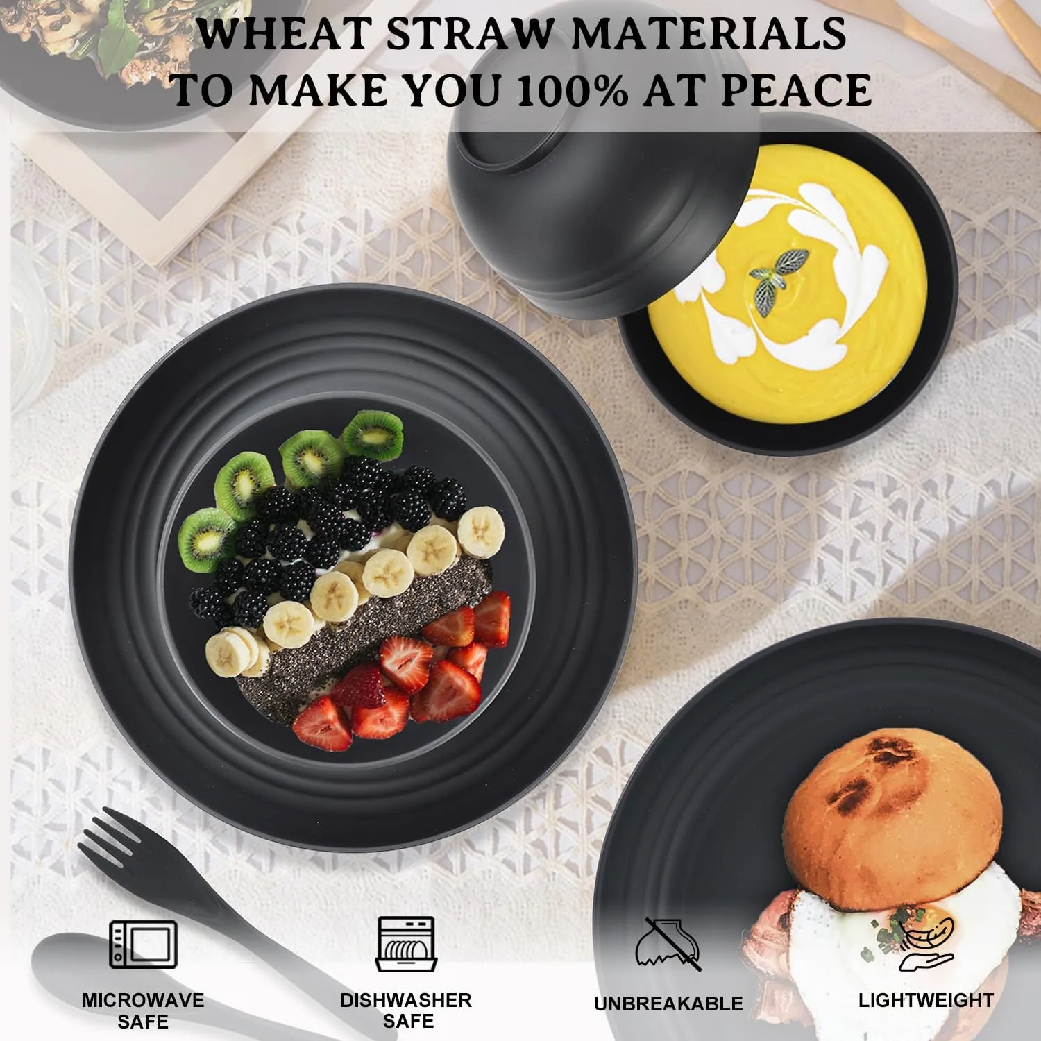 Wheat Straw Dishes Set for 4,Microwave Safe Plates and Bowls Sets, Unbreakable and Ruseable Plastic Dinnerware Sets for Kitchen,Camping,Dorm,Dessert Plates, Water Cups,Serving Bowls（Black,20 PCS）