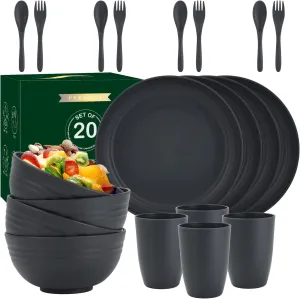 Wheat Straw Dishes Set for 4,Microwave Safe Plates and Bowls Sets, Unbreakable and Ruseable Plastic Dinnerware Sets for Kitchen,Camping,Dorm,Dessert Plates, Water Cups,Serving Bowls（Black,20 PCS）