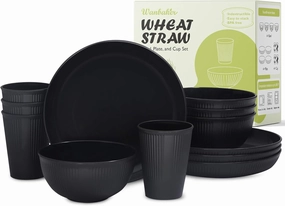 Wheat Straw Dinnerware Sets for 4, Kitchen Unbreakable Wheat Straw Plates and Bowls Sets for College Dorm Apartment Reusable Black