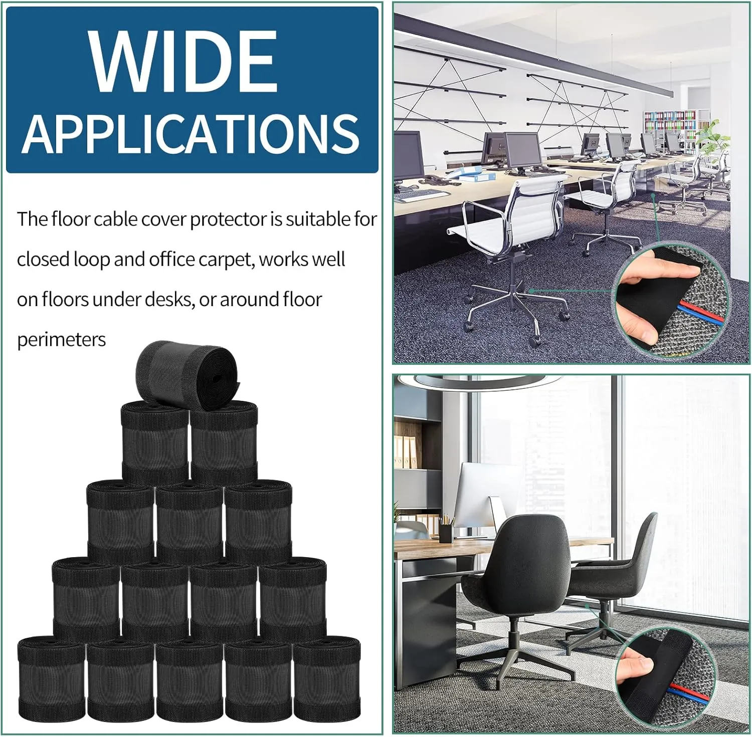 WILLBOND Carpet Cord Cover Cable Grip Floor Cover Cable Protector Management Only for Commercial Office Carpet(Black,147.64 ft)