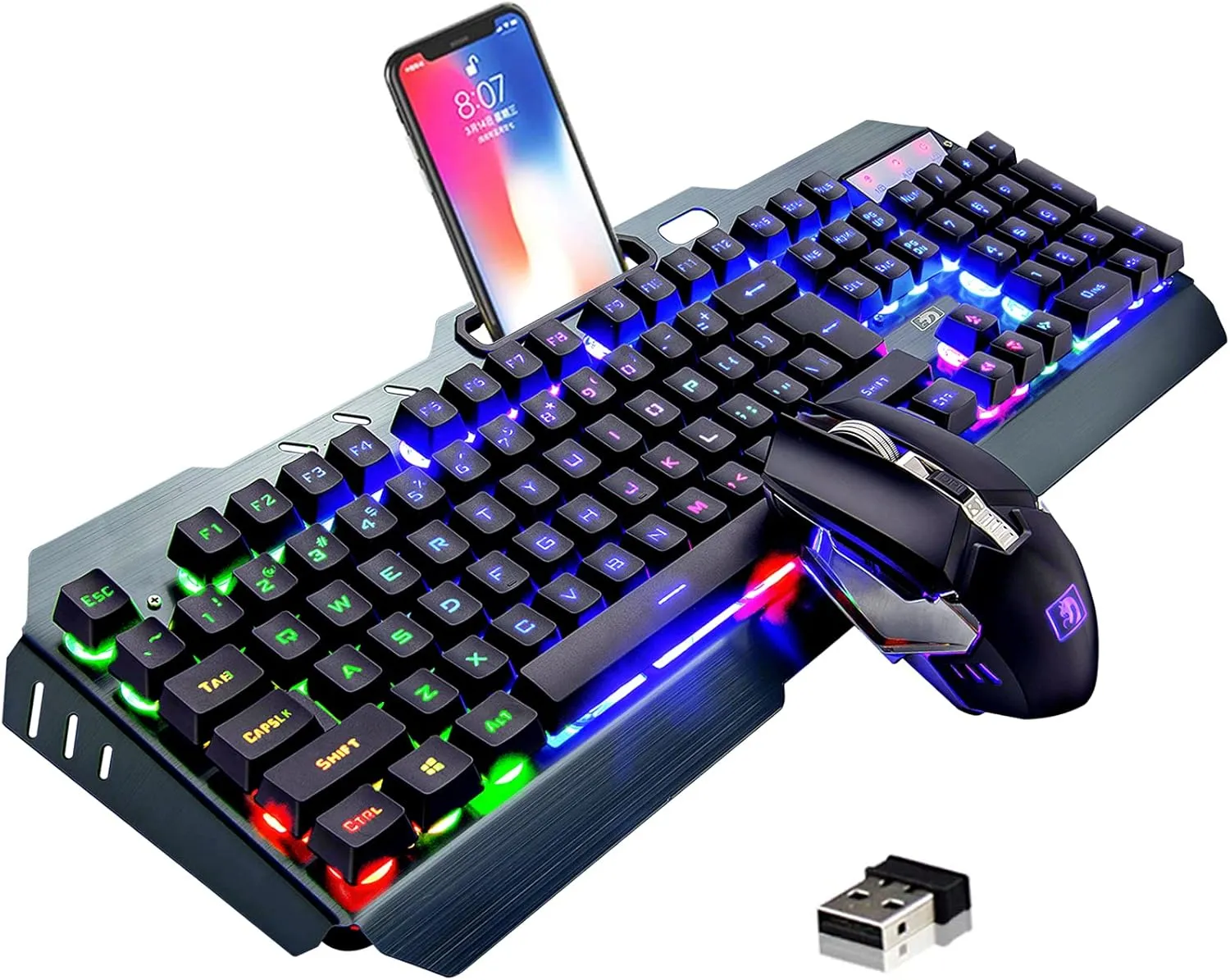 Wireless Gaming Keyboard and Mouse, Rechargeable, Rainbow Backlit with 3800mAh Battery Metal Panel,Mechanical Feel Keyboard and 7 Color Mute Mouse for Windows Computer Gamers