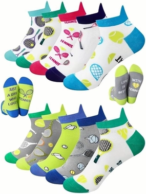 Women's Tennis Ankle Socks, 10 Pairs, Multi-Color Athletic Support with Tennis Graphics, Anti-Blister Breathable Design
