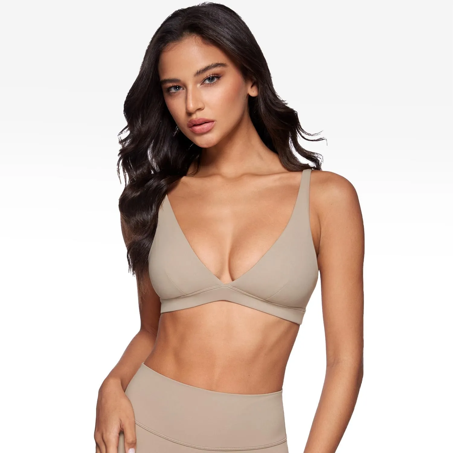 Womens Deep V-Neck Sports Bra Padded Low Impact Fitness Yoga Bra U Back Wireless Workout Bra Contour Crop Top