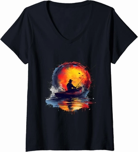 Womens Canoe Fishing Riverside Serenity V-Neck T-Shirt