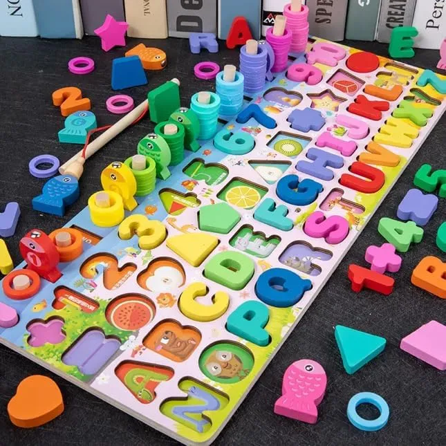 Wooden Alphabet Numbers Puzzle Board, Educational Fishing Game, Montessori Learning Toys for Toddlers, Rainbow Colors