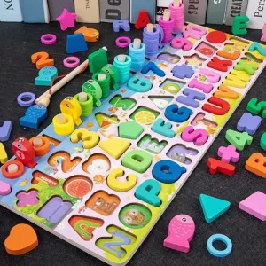 Wooden Alphabet Numbers Puzzle Board, Educational Fishing Game, Montessori Learning Toys for Toddlers, Rainbow Colors