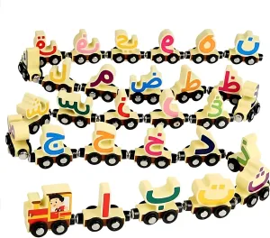 Wooden Arabic Alphabet Train Toy 29 PCS with Magnets for Toddlers, Compatible with Standard Train Set Tracks Wooden Double-Sided