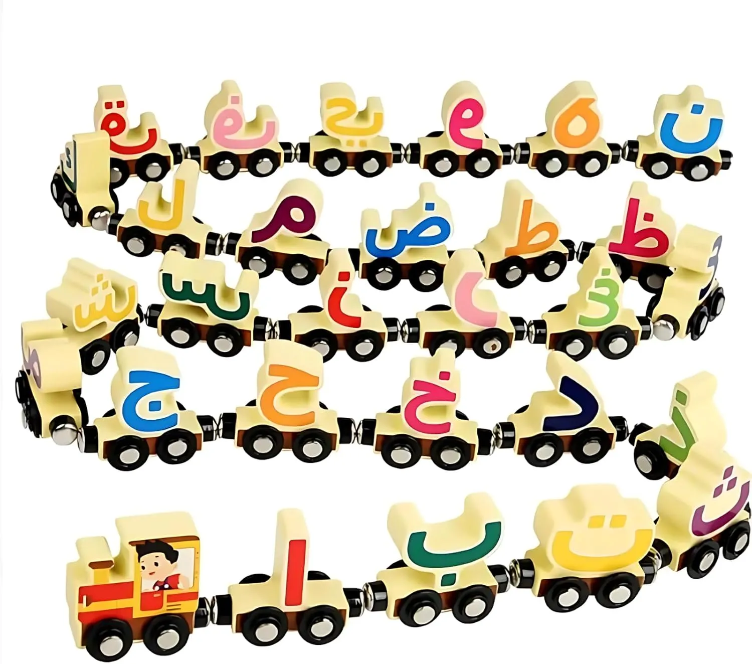 Wooden Arabic Alphabet Train Toy 29 PCS with Magnets for Toddlers, Compatible with Standard Train Set Tracks Wooden Double-Sided