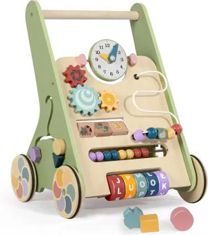 Wooden Baby Walker with Wheels, Push Walker for Baby Boy 6-12 Months, Baby Activity Center Sit to Stand Walker Small Size