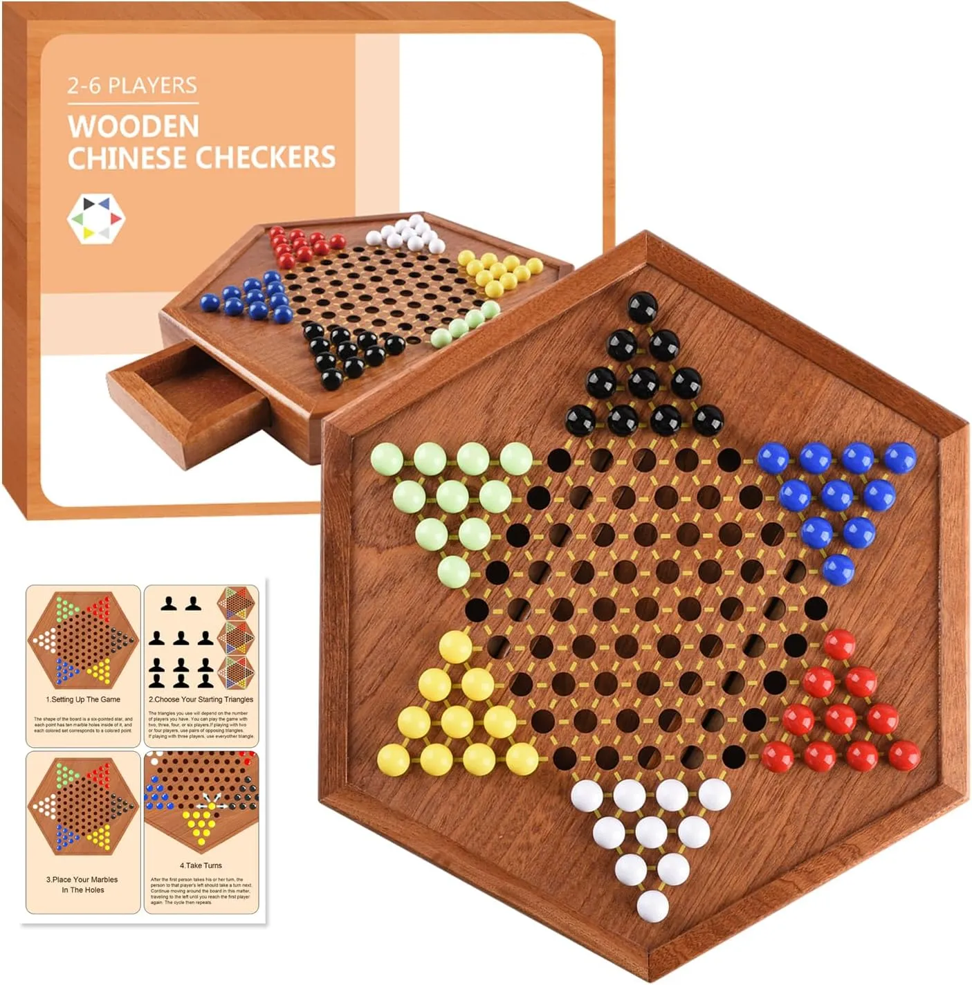 Wooden Chinese Checkers with Drawers 12 Bonus Spare Marbles| Natural Wooden Board Game| Includes 60 Colorful Acrylic Marbles | Family Board Game for Kids and Adults(12.7 Inches)