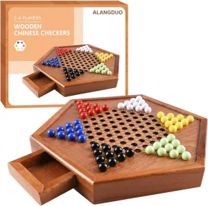 Wooden Chinese Checkers with Drawers 12 Bonus Spare Marbles| Natural Wooden Board Game| Includes 60 Colorful Acrylic Marbles | Family Board Game for Kids and Adults(12.7 Inches)