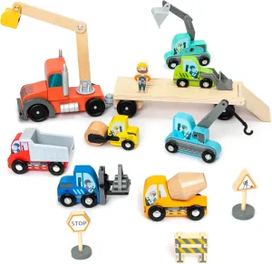 Wooden Construction Site Vehicles with Trailer 14 PCS Set, Vehicle Toys Cars for Toddlers and Kids Ages 3  Gifts for Boys Girls, Compatible with Thomas and Other Major Brand Train Toy and Railway Set