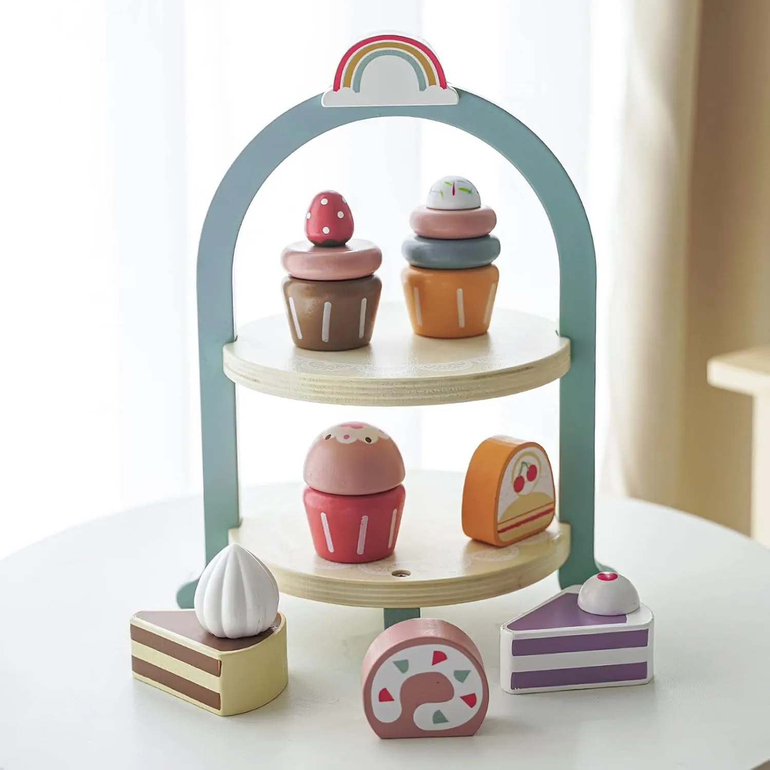 Wooden Dessert Cake Play Food Set Toys, Pretend Play Kids Tea Party Set for Little Girls Toddlers, Montessori Wooden Play Kitchen Accessories Sets for Kids