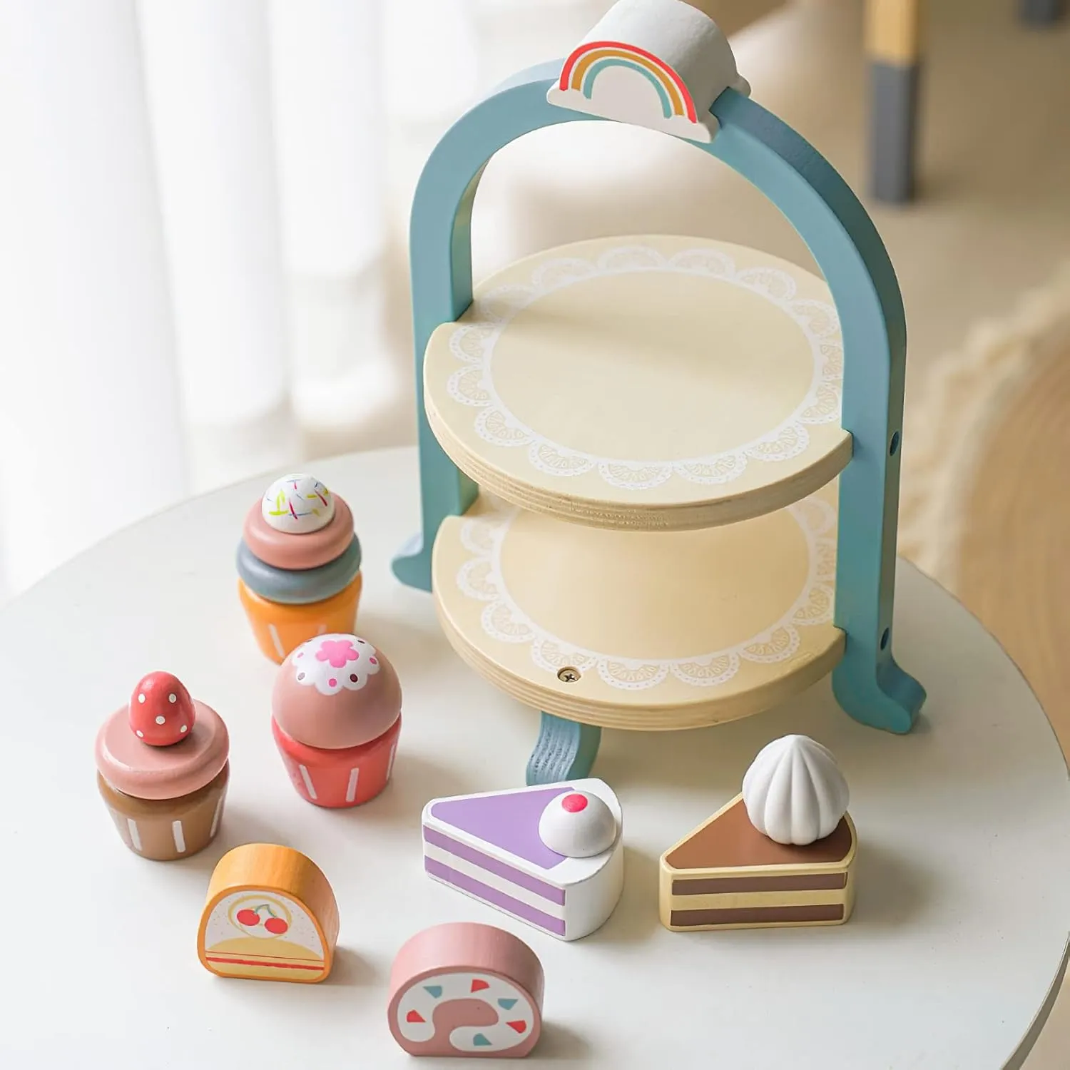 Wooden Dessert Cake Play Food Set Toys, Pretend Play Kids Tea Party Set for Little Girls Toddlers, Montessori Wooden Play Kitchen Accessories Sets for Kids