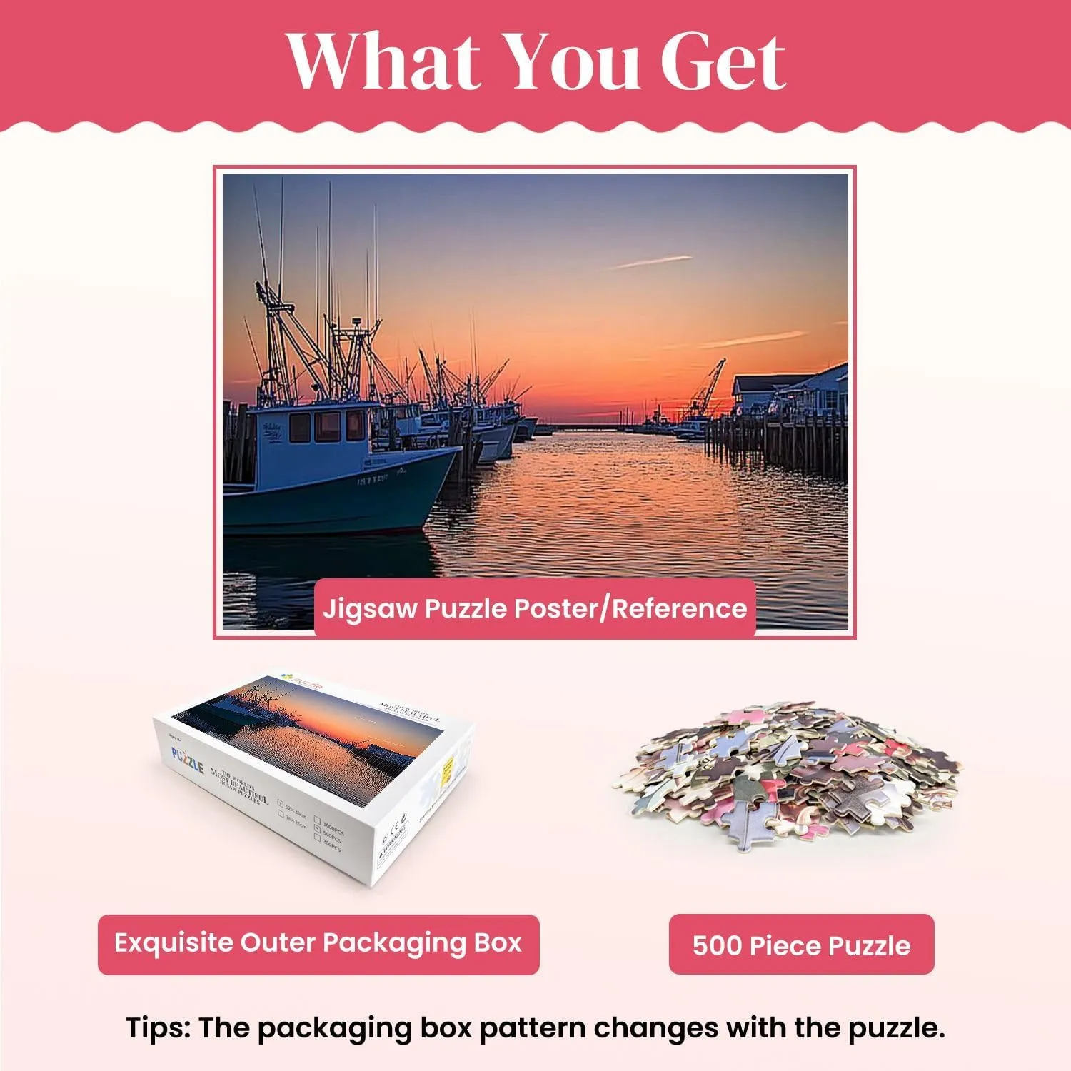 Wooden Puzzles Fishing Harbor Colorful Houses Boats Pictures Royalty Free Jigsaw Puzzles for Adults 500 Pieces Impossible Puzzle Challenging Puzzle Educational Toys Decompression Game