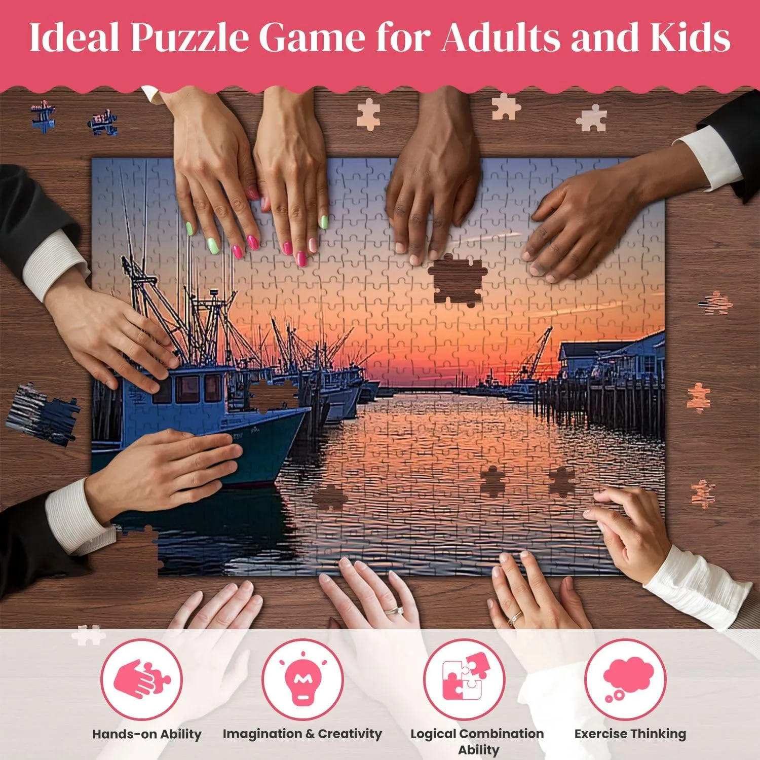 Wooden Puzzles Fishing Harbor Colorful Houses Boats Pictures Royalty Free Jigsaw Puzzles for Adults 500 Pieces Impossible Puzzle Challenging Puzzle Educational Toys Decompression Game