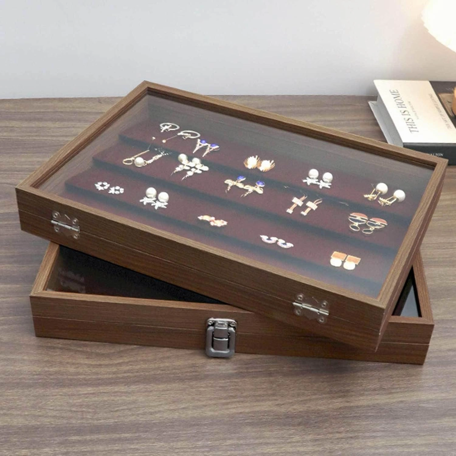 Wooden Jewelry Organizer Box with Clear Glass Lid Jewelry Holder Organizer Velvet Jewelry Storage Case for Women Earrings Rings Necklaces Bracelet Watch,D(D)