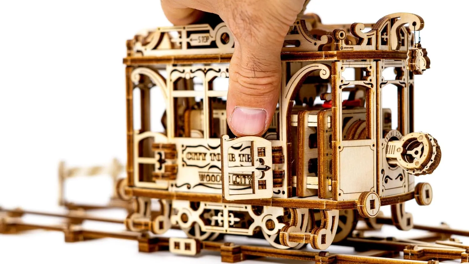 WOODEN.CITY Tram With Rails 3D Puzzle - Build A Train Model For Adults - Laser Cut Wooden Model Train Buildings