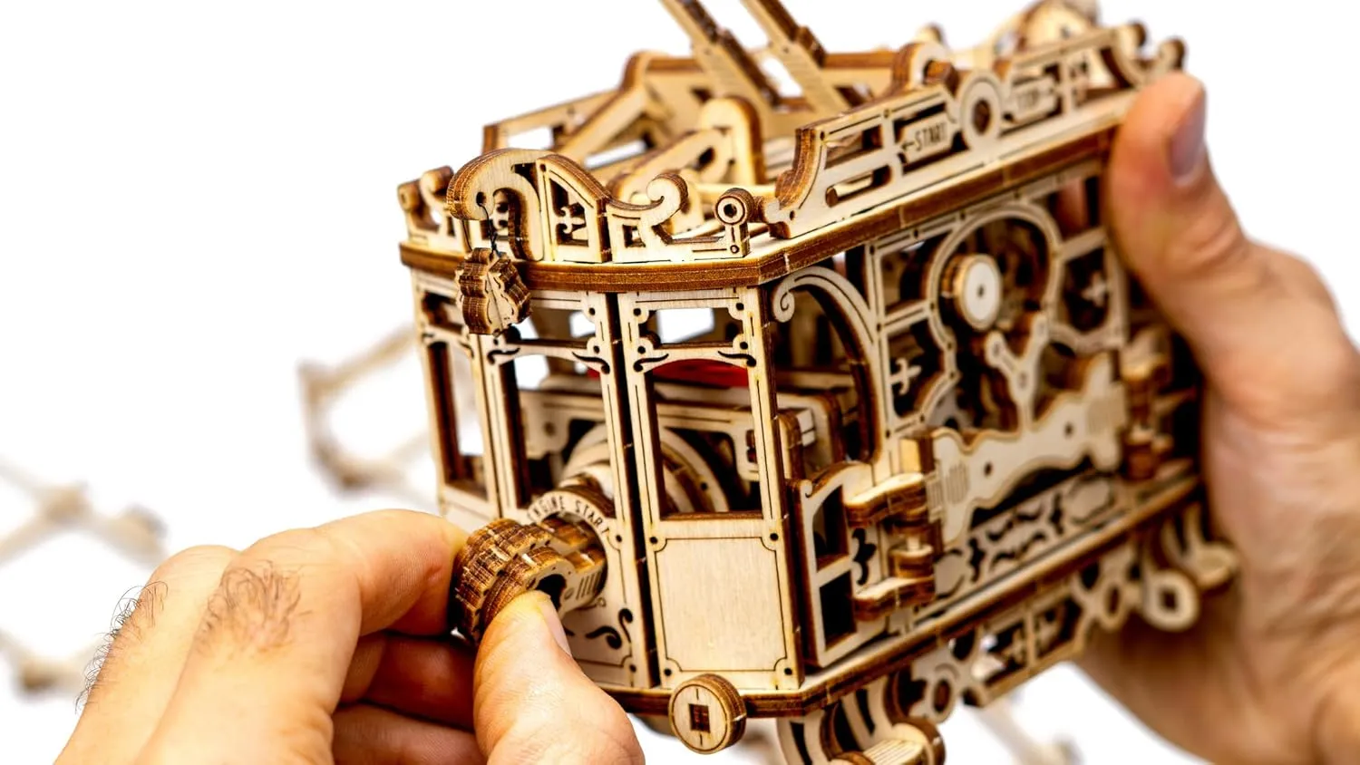 WOODEN.CITY Tram With Rails 3D Puzzle - Build A Train Model For Adults - Laser Cut Wooden Model Train Buildings